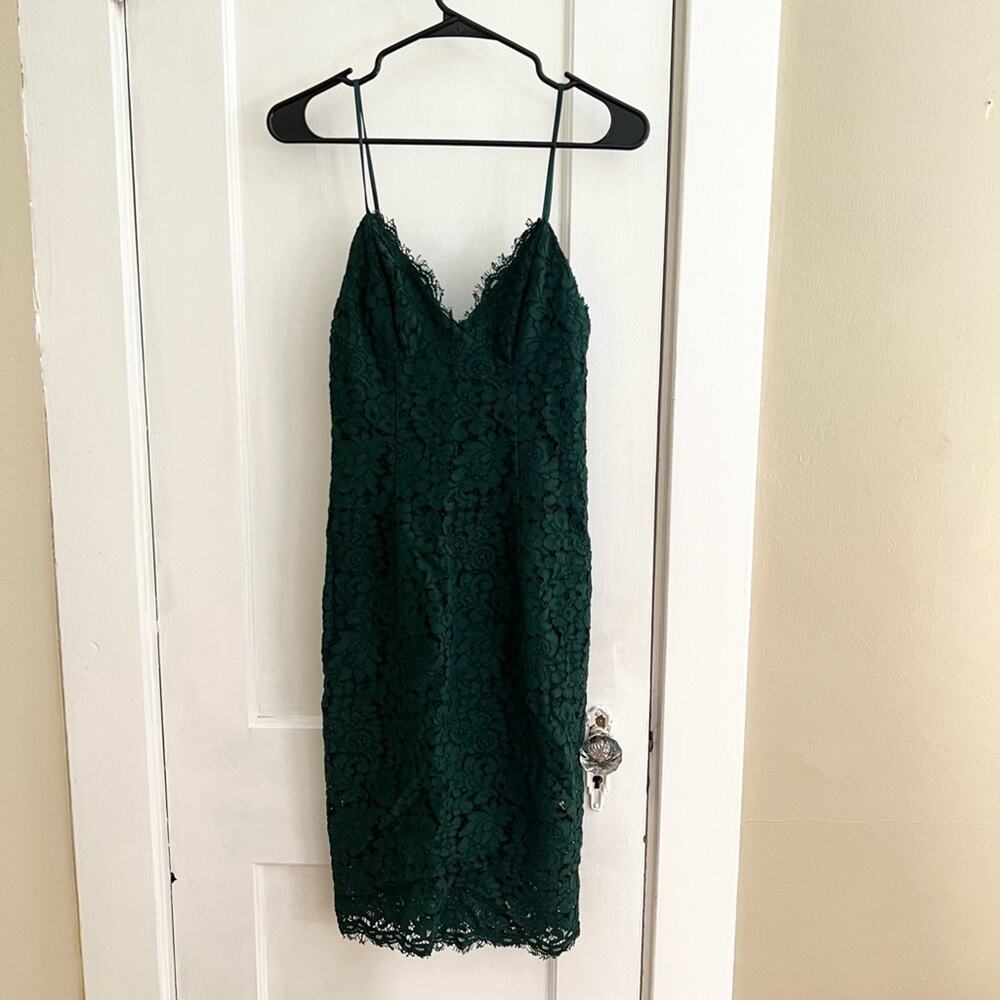Bardot lace crochet holiday dress worn once Christmas cocktail green wedding